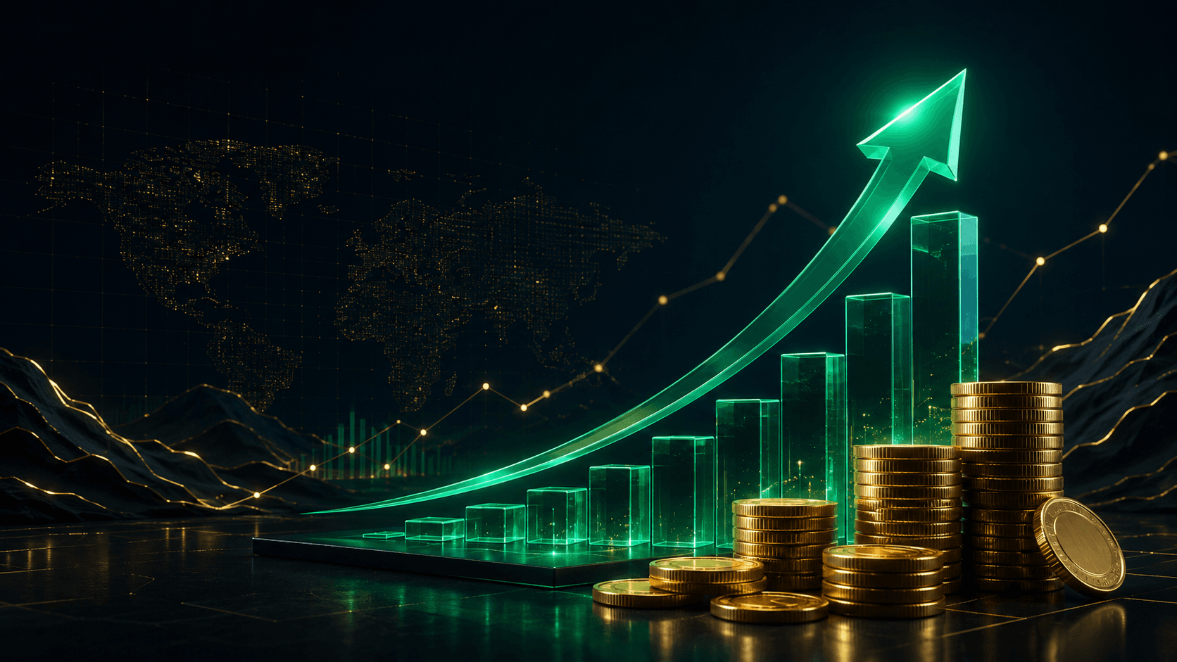 Growth chart with coins and emerald upward arrow
