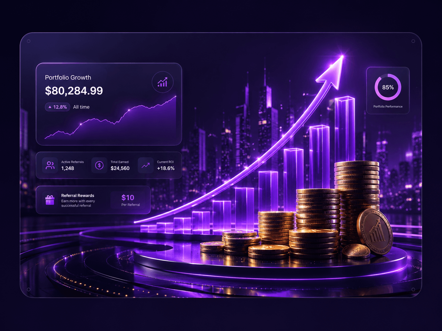 Purple fintech growth dashboard illustration